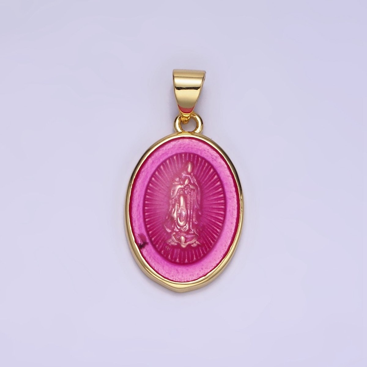 14K Gold Filled Virgin Mary Colorful Resin Oval Medallion Charm Lady Guadalupe Pendant AA-1140 - DLUXCA