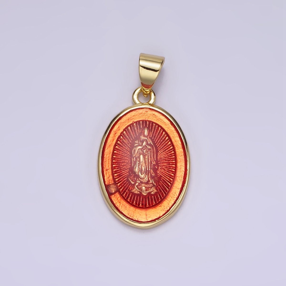 14K Gold Filled Virgin Mary Colorful Resin Oval Medallion Charm Lady Guadalupe Pendant AA-1140 - DLUXCA