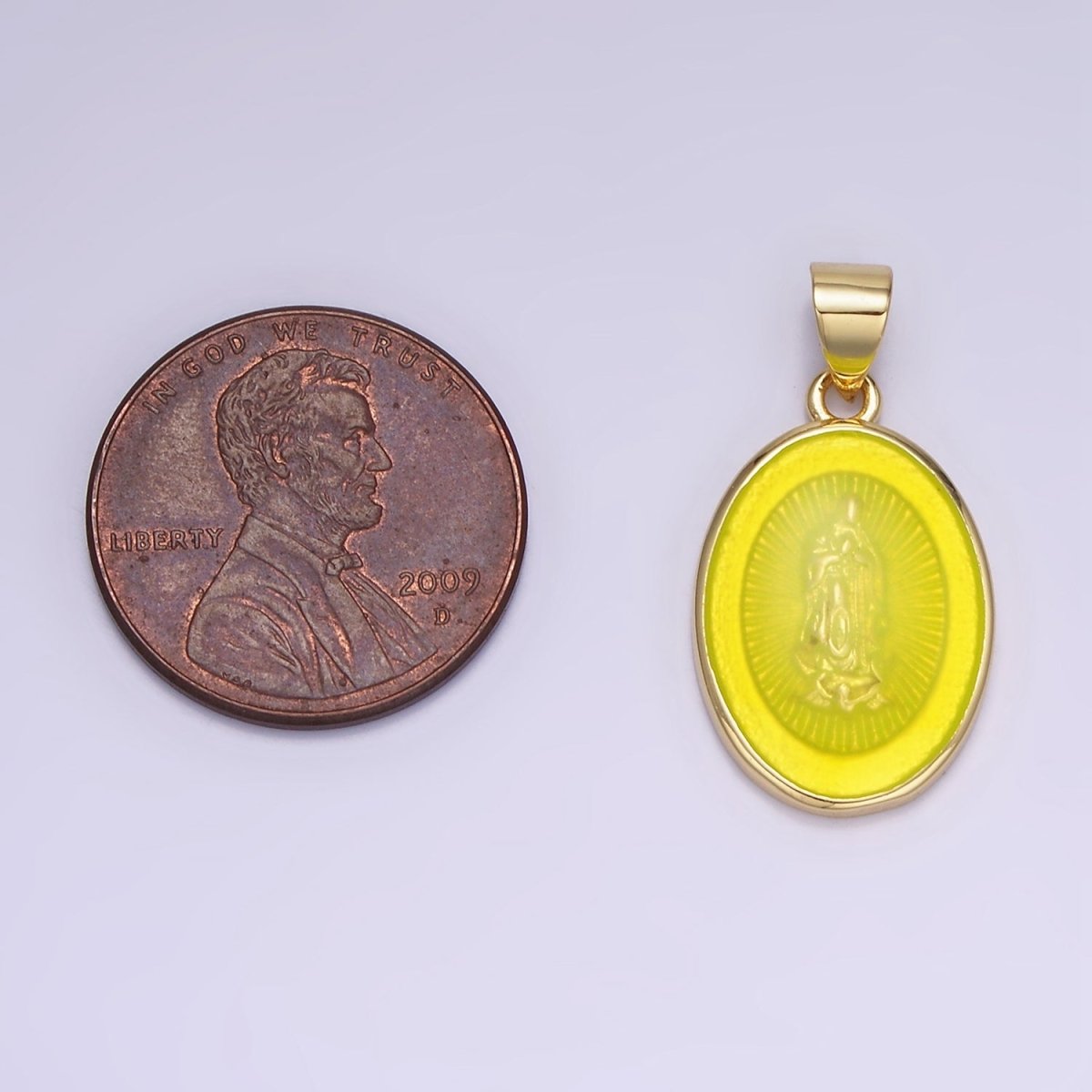 14K Gold Filled Virgin Mary Colorful Resin Oval Medallion Charm Lady Guadalupe Pendant AA-1140 - DLUXCA