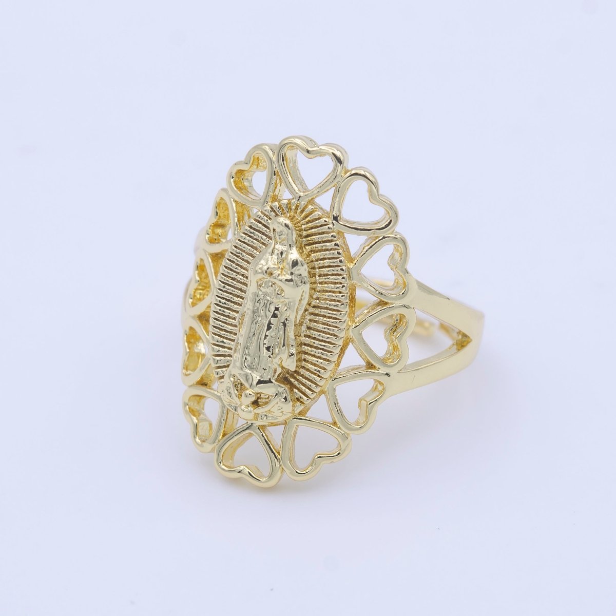 14K Gold Filled Virgin Mother Mary Religious Heart Adjustable Ring | Y-460 - DLUXCA