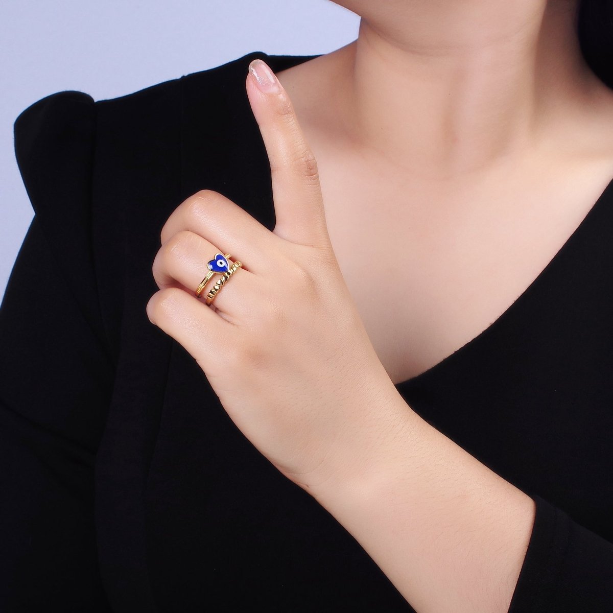 14K Gold Filled White, Blue Evil Eye Heart Beaded Double Band Ring | O-582 O-583 - DLUXCA