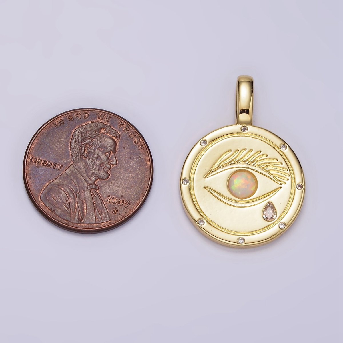 14K Gold Filled White, Blue Opal Eyes Teardrop CZ Dotted Outline Pendant | AH036 AH037 - DLUXCA