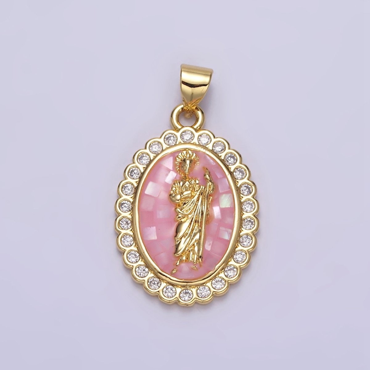 14K Gold Filled White, Blue, Pink, Green Religious Saint Jude CZ Dotted Outline Oval Pendant | N1773 - N1776 - DLUXCA