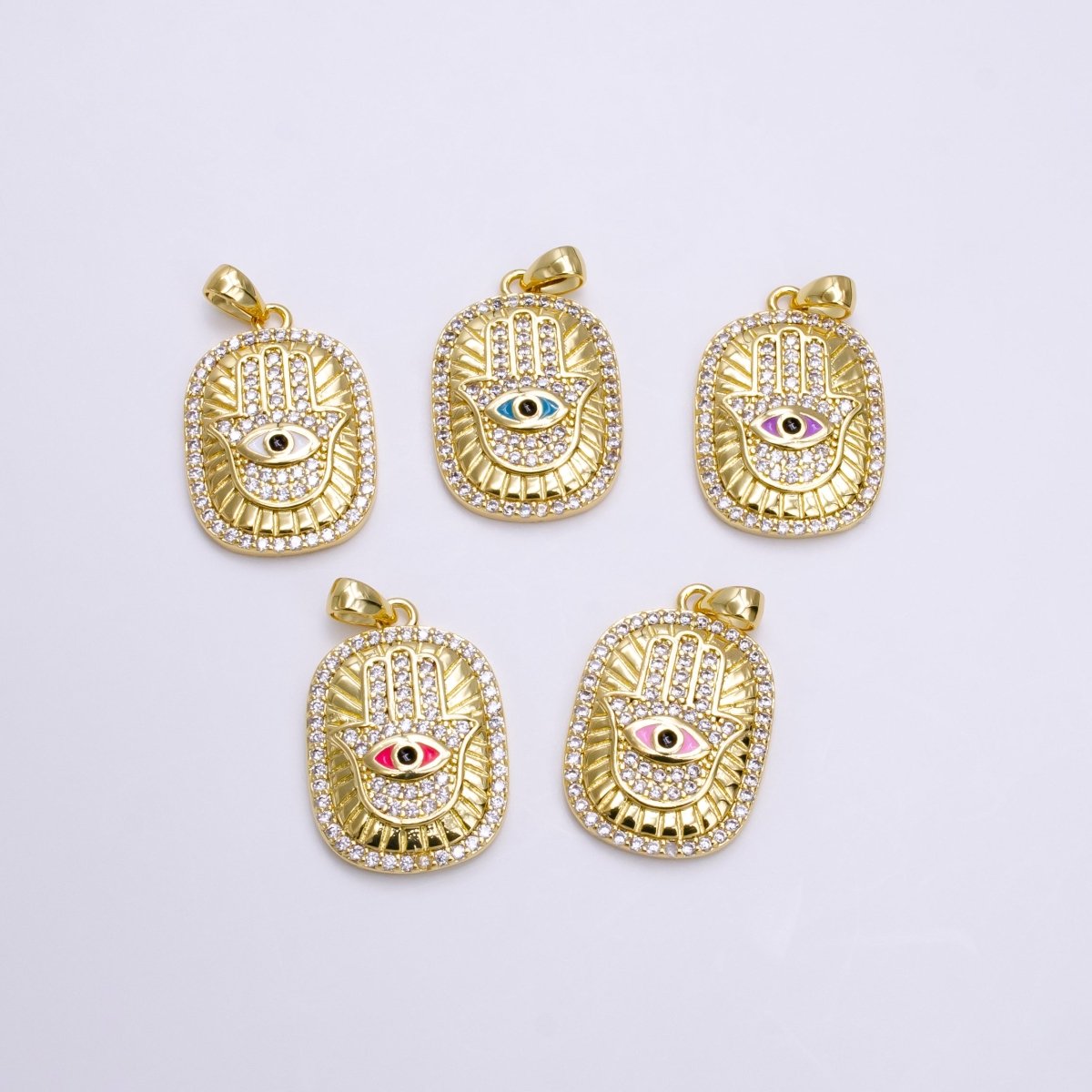 14K Gold Filled White, Blue, Red, Purple, Pink Enamel Evil Eye Micro Paved CZ Hamsa Hand Lined Pendant | AA557 - AA561 - DLUXCA