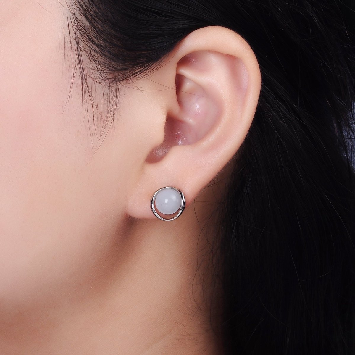 14K Gold Filled White Cat's Eye Open Round Stud Earrings in Gold & Silver | V280 V281 - DLUXCA