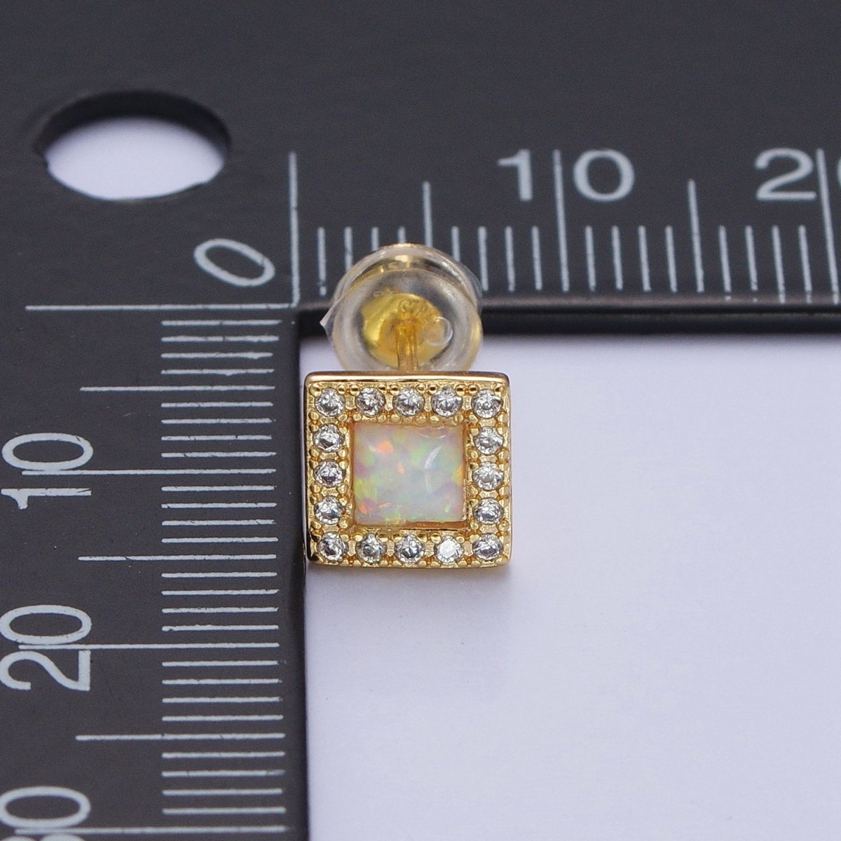 14K Gold Filled White Opal Micro Paved CZ Square Stud Earrings | Y-090 - DLUXCA