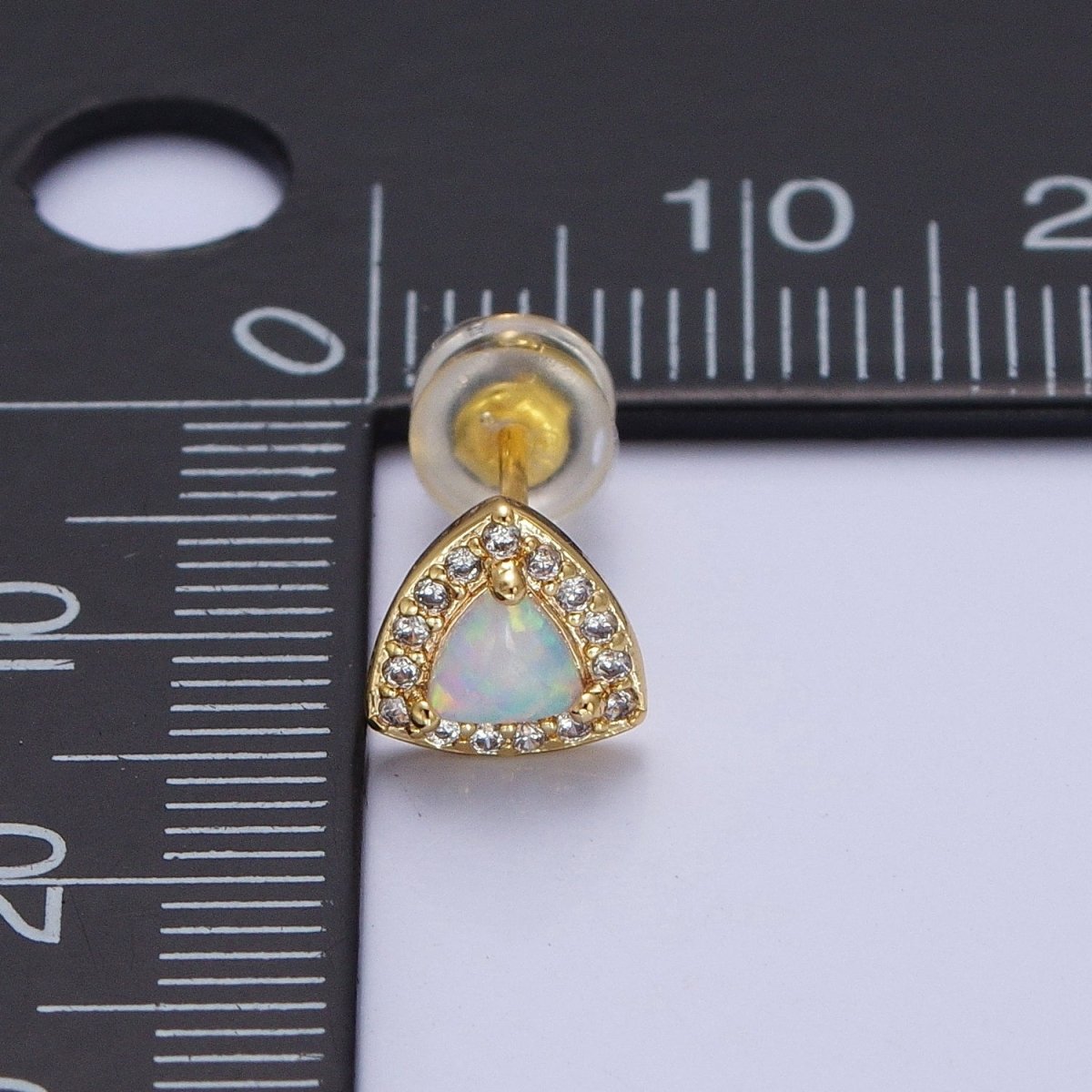 14K Gold Filled White Opal Micro Paved CZ Triangle Stud Earrings | Y-086 - DLUXCA