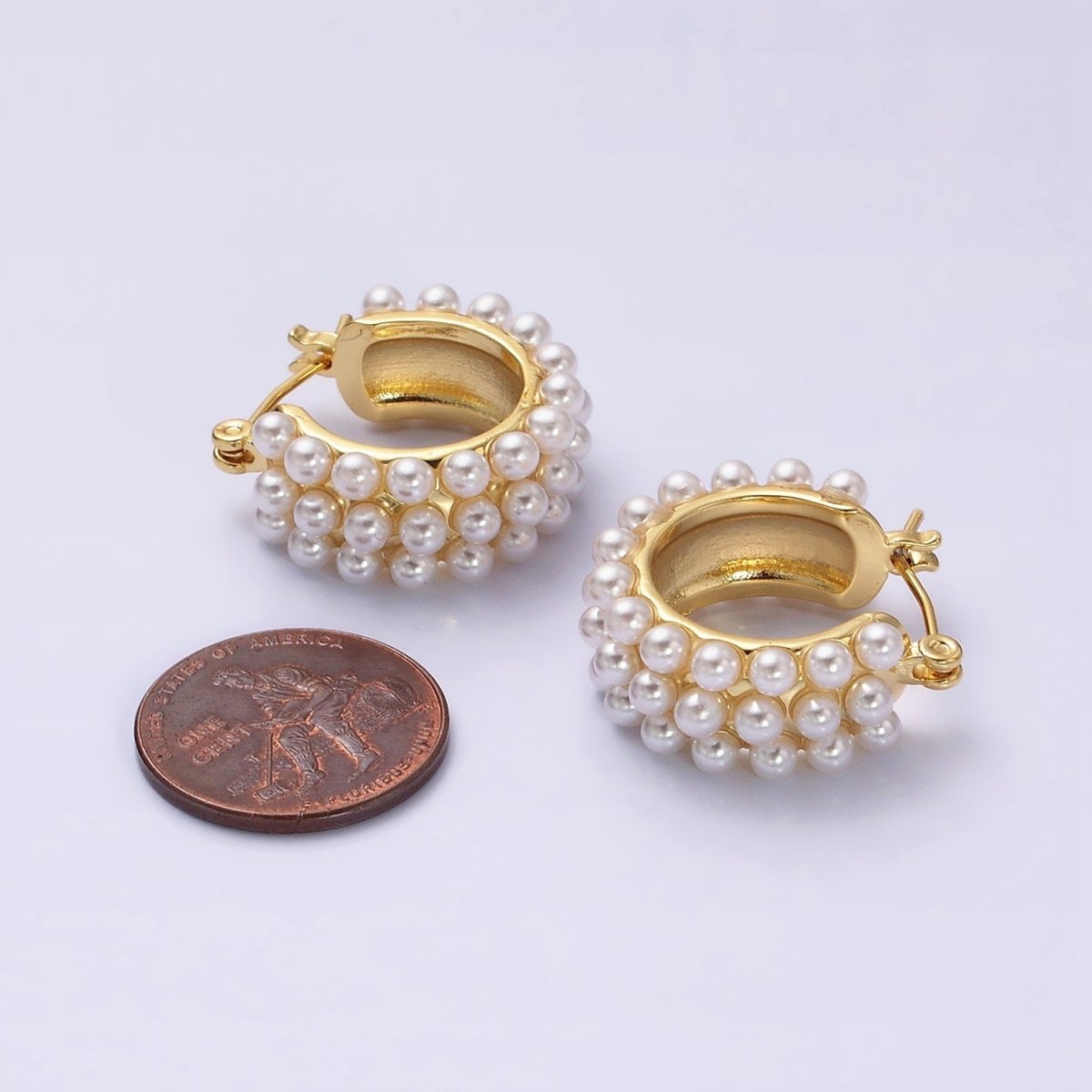 14K Gold Filled White Pearl Dotted Latch Hoop Earrings in Silver & Gold | Y844 Y925 - DLUXCA