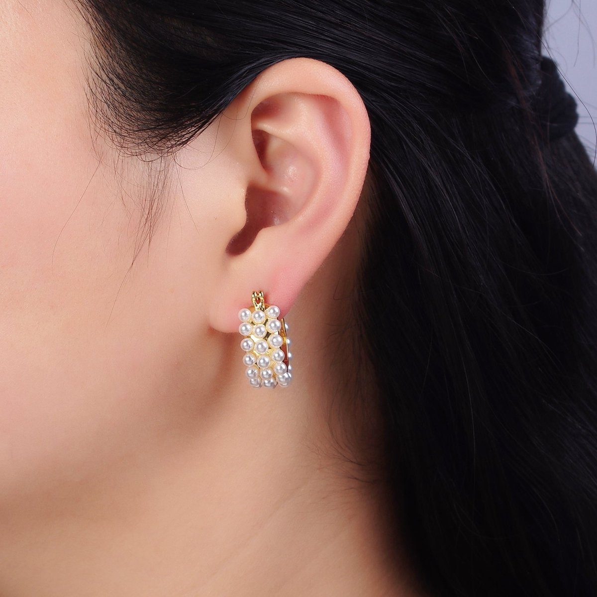 14K Gold Filled White Pearl Dotted Latch Hoop Earrings in Silver & Gold | Y844 Y925 - DLUXCA