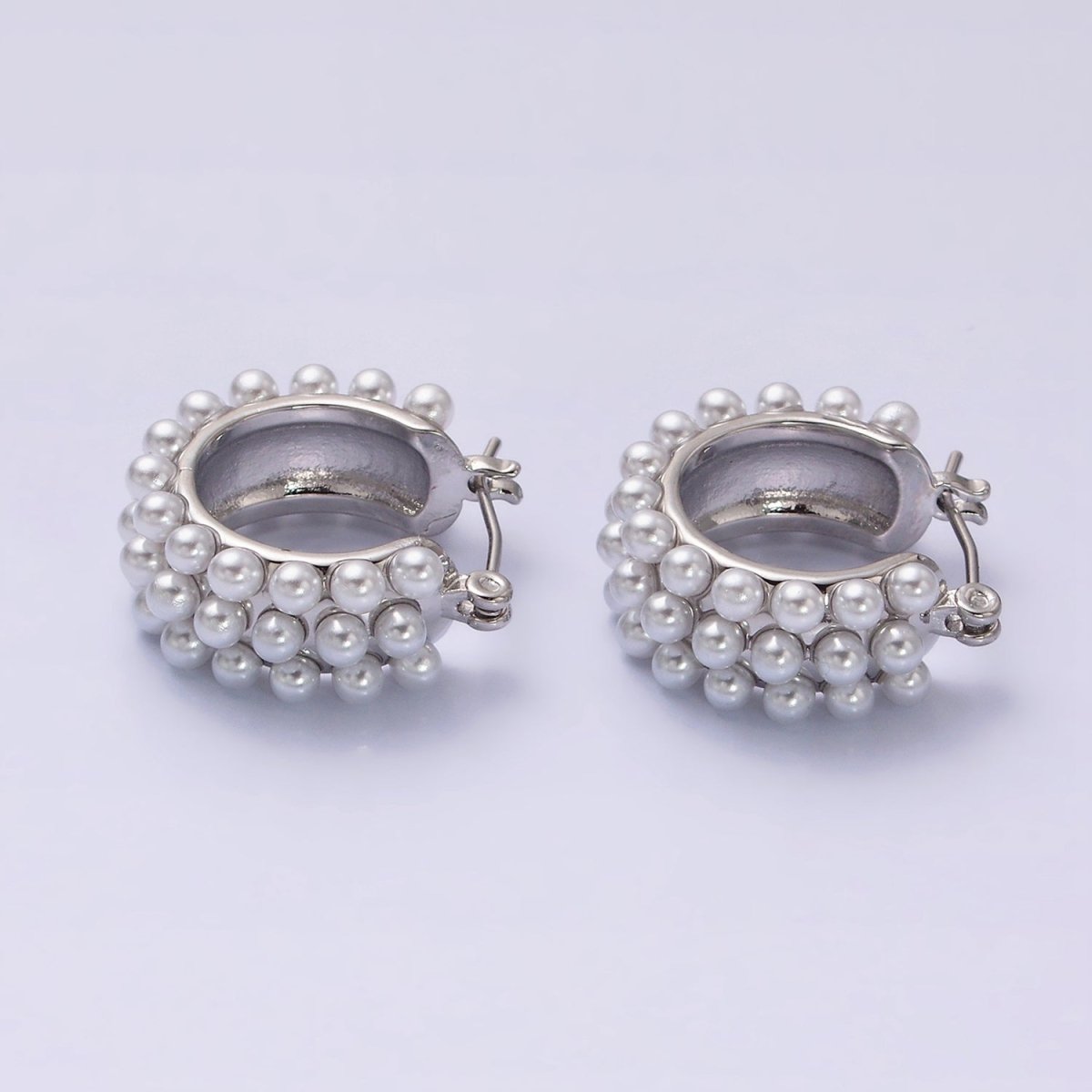 14K Gold Filled White Pearl Dotted Latch Hoop Earrings in Silver & Gold | Y844 Y925 - DLUXCA