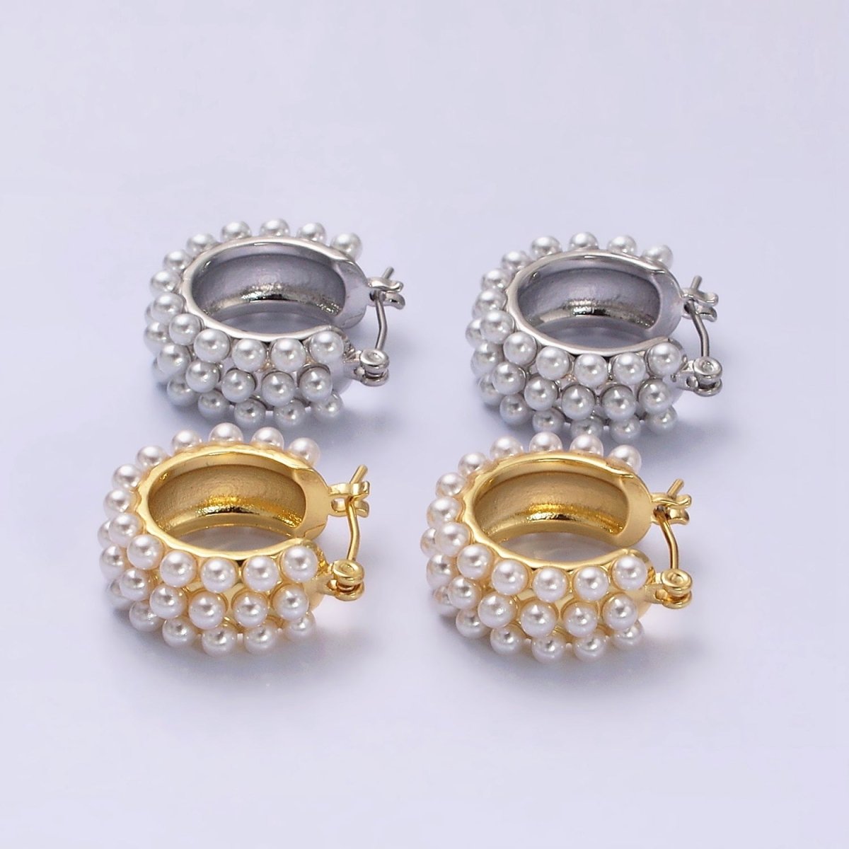 14K Gold Filled White Pearl Dotted Latch Hoop Earrings in Silver & Gold | Y844 Y925 - DLUXCA