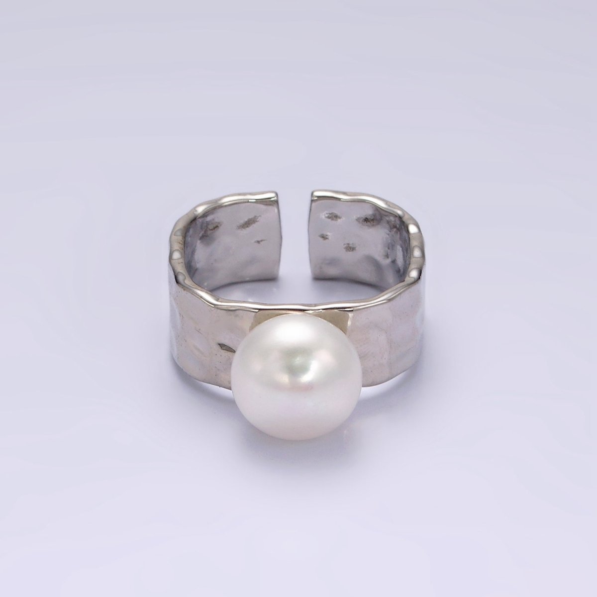 14K Gold Filled White Pearl Hammered Wide Band Ring in Gold & Silver | O1096 O1097 - DLUXCA