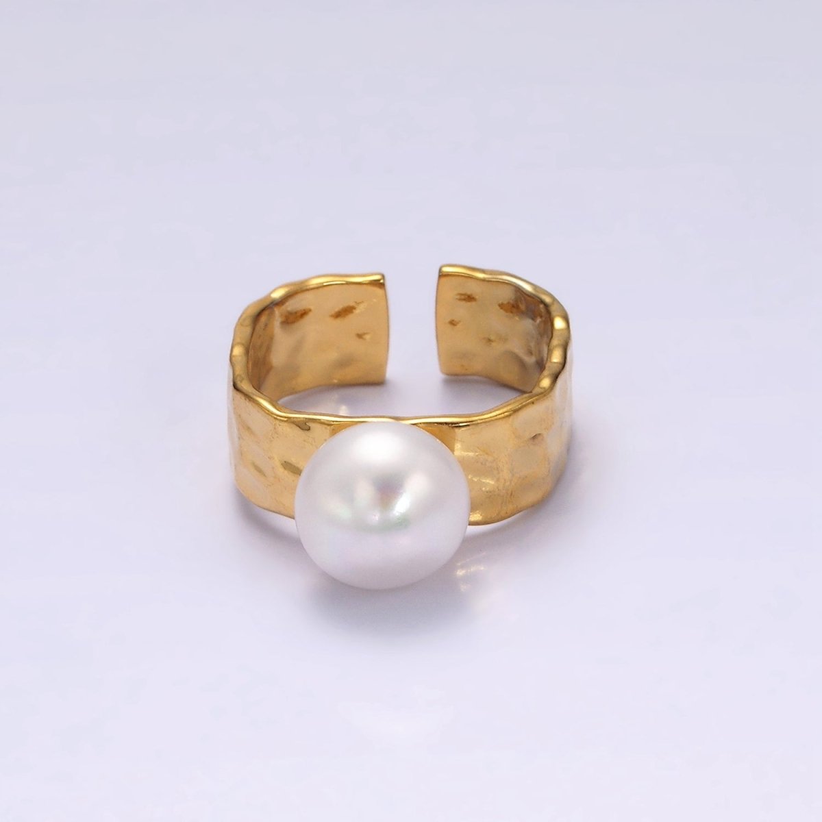 14K Gold Filled White Pearl Hammered Wide Band Ring in Gold & Silver | O1096 O1097 - DLUXCA
