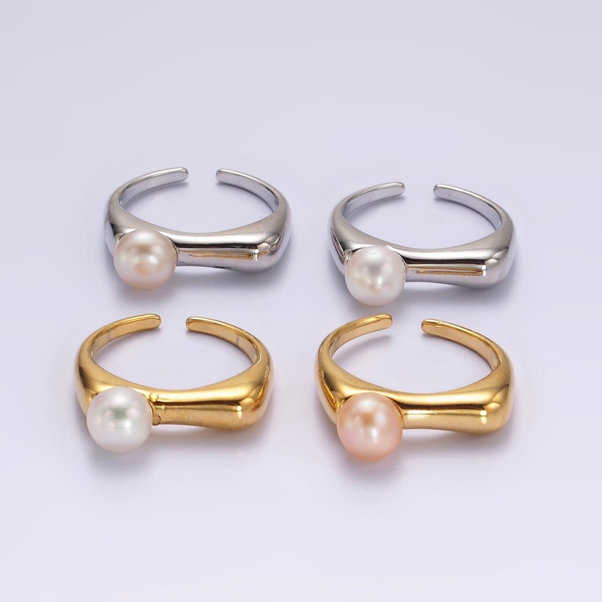 14K Gold Filled White, Pink Pearl Flat Signet Ring in Gold & Silver | O652 ~ O655 - DLUXCA