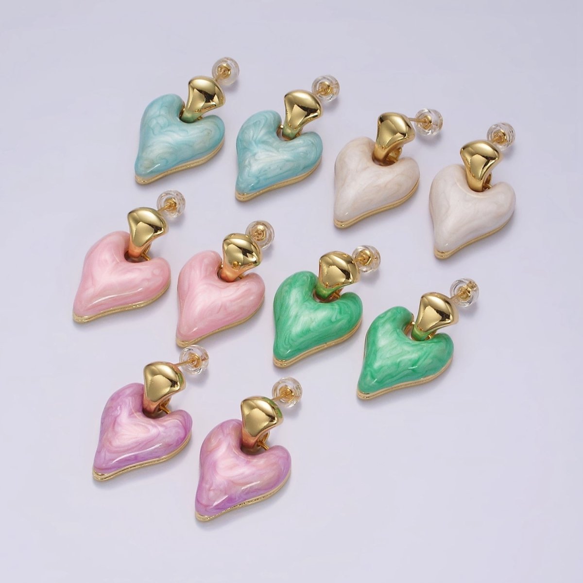14K Gold Filled White, Pink, Purple, Blue, Green Enamel Heart Drop Stud Earrings | V-241 - V-245 - DLUXCA
