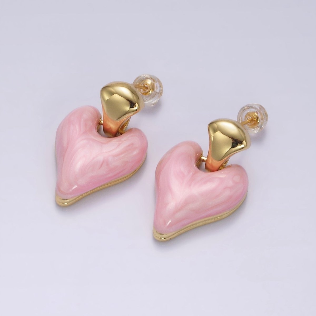 14K Gold Filled White, Pink, Purple, Blue, Green Enamel Heart Drop Stud Earrings | V-241 - V-245 - DLUXCA