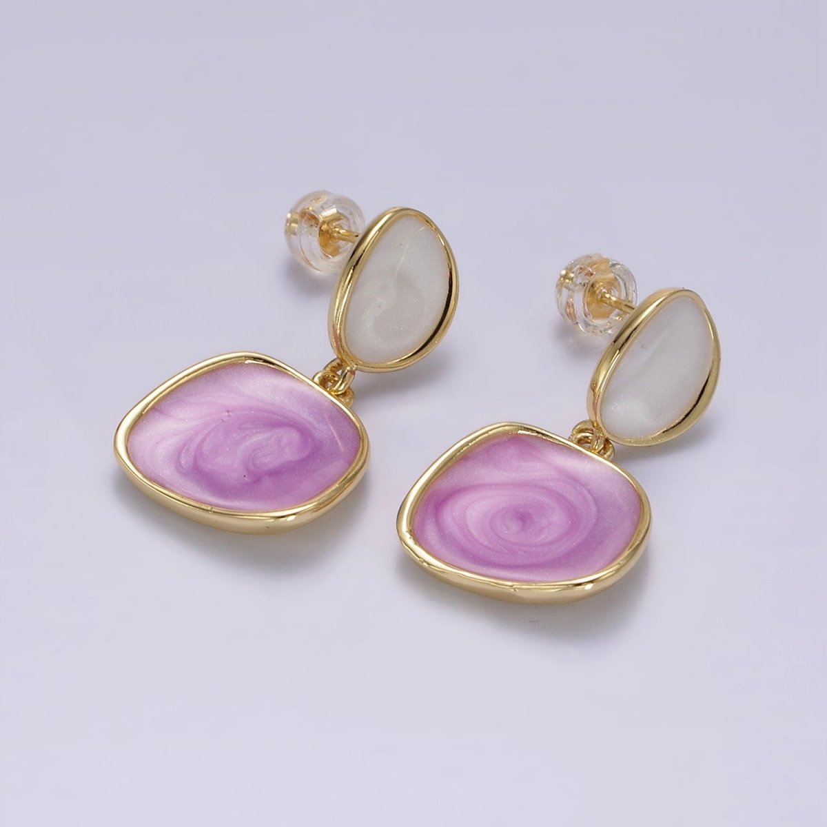 14K Gold Filled White, Pink, Purple, Blue, Green Enamel Rounded Square Drop Stud Earrings | V-246 - V-250 - DLUXCA