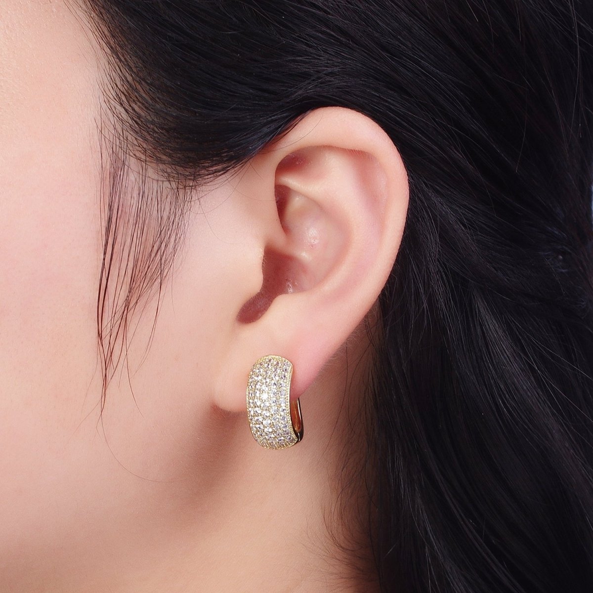 14K Gold Filled Wide Micro Paved CZ Curved Huggie Hoop Earrings | AE1024 - DLUXCA