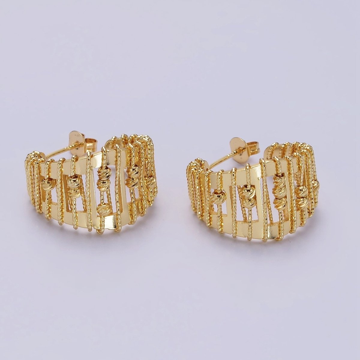 14K Gold Filled Wide Twisted Bead Wire Wrapped Open C-Shaped Hoop Earrings | AE687 - DLUXCA