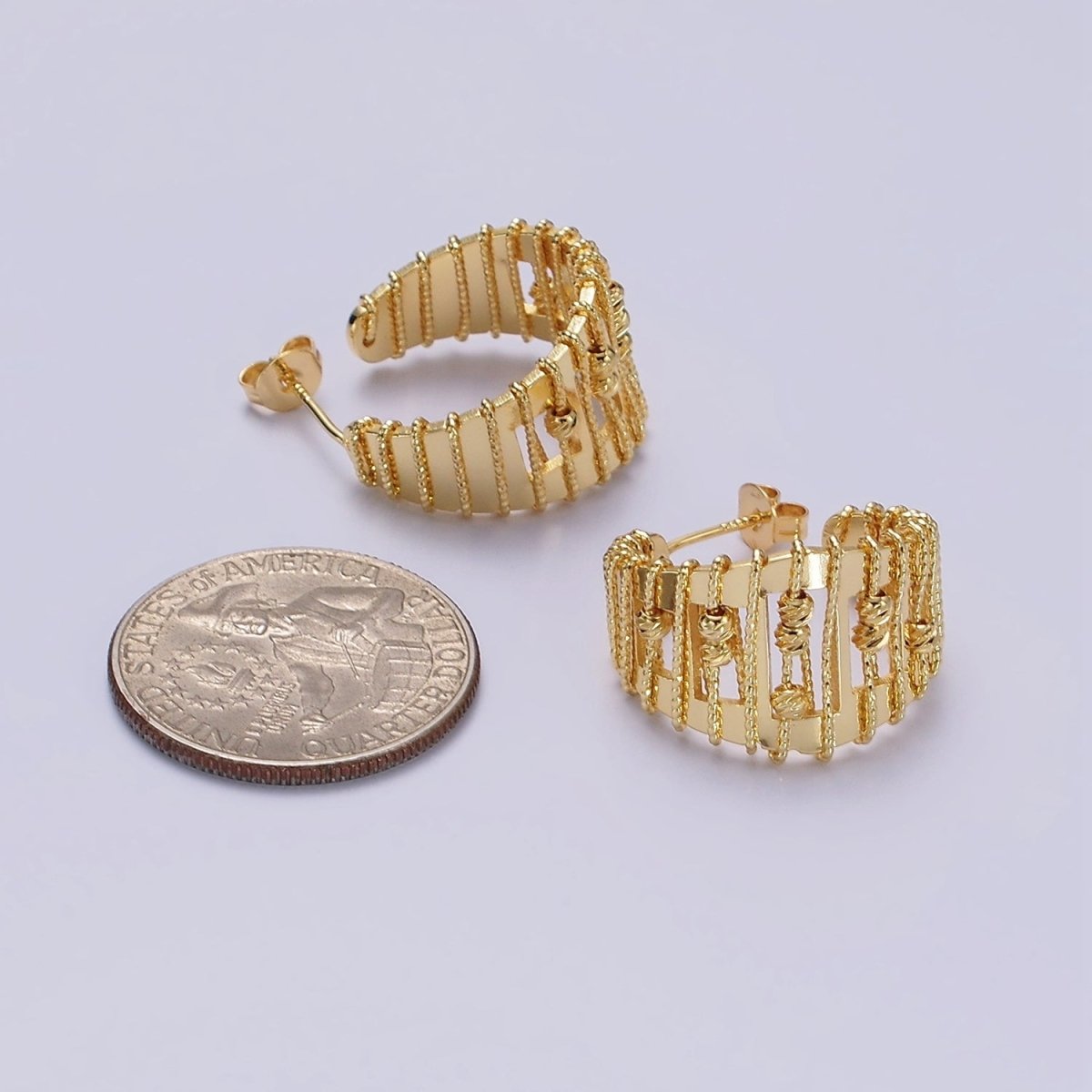 14K Gold Filled Wide Twisted Bead Wire Wrapped Open C-Shaped Hoop Earrings | AE687 - DLUXCA