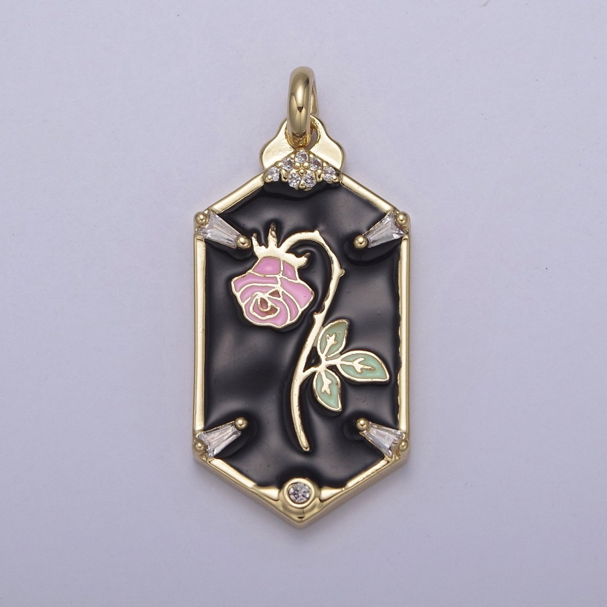 14k Gold Filled Wilted Pink Rose Charm White black Enamel Flower necklace Pendant Belle Beauty and the Beast Floral Bracelet Hexagon Tag Charm N-760 N-762 - DLUXCA