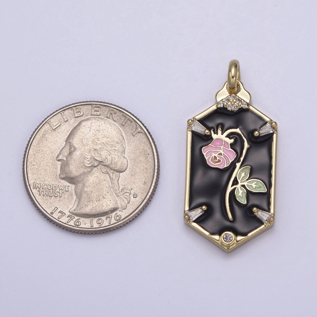 14k Gold Filled Wilted Pink Rose Charm White black Enamel Flower necklace Pendant Belle Beauty and the Beast Floral Bracelet Hexagon Tag Charm N-760 N-762 - DLUXCA
