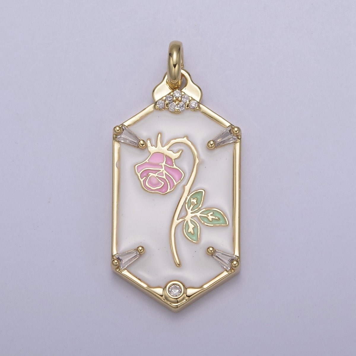 14k Gold Filled Wilted Pink Rose Charm White black Enamel Flower necklace Pendant Belle Beauty and the Beast Floral Bracelet Hexagon Tag Charm N-760 N-762 - DLUXCA