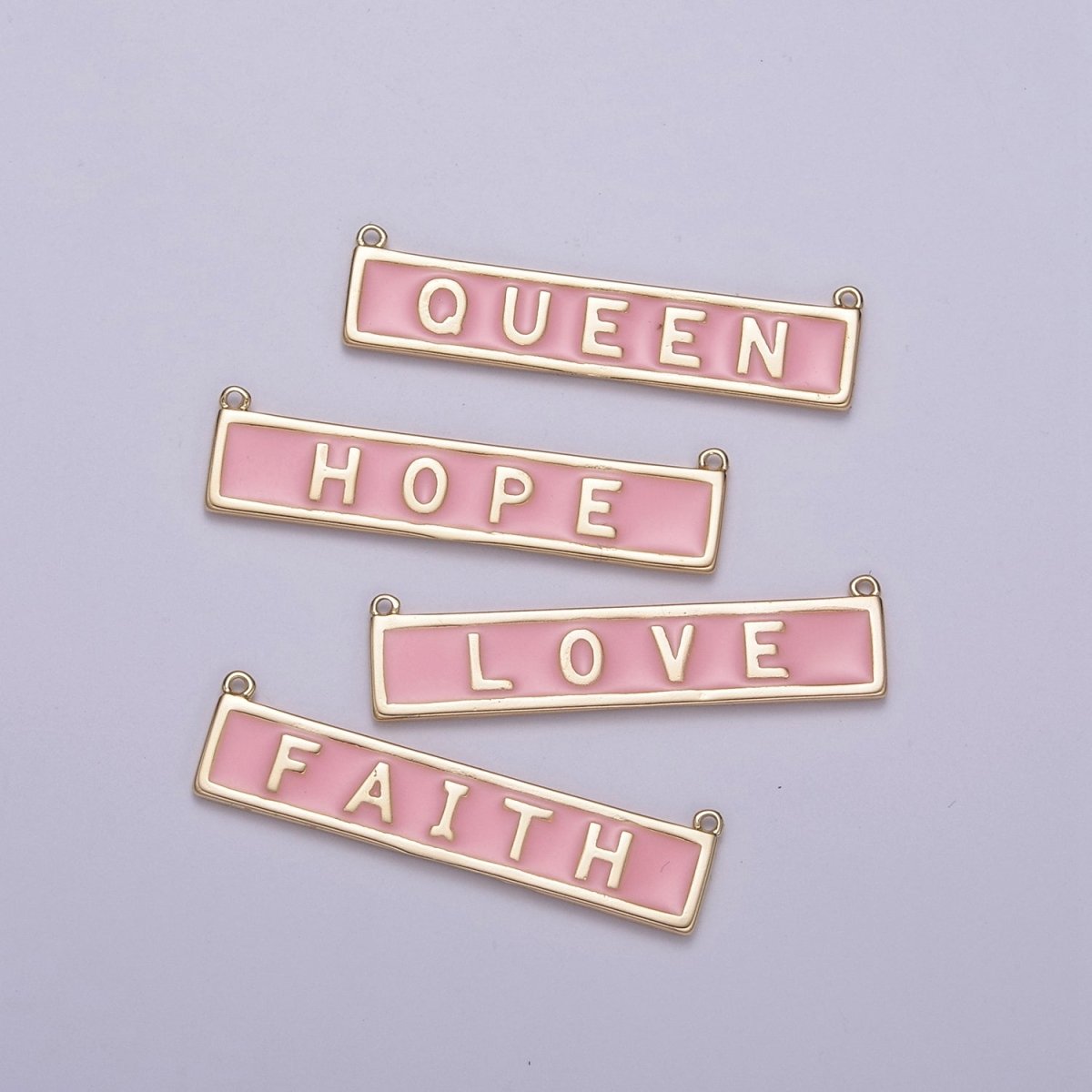 14k Gold Filled Words Charm Gold Bar for Necklace Charm Pink Enamel Tag Bar Horizontal Queen Faith Love Hope N-099 - N-102 - DLUXCA