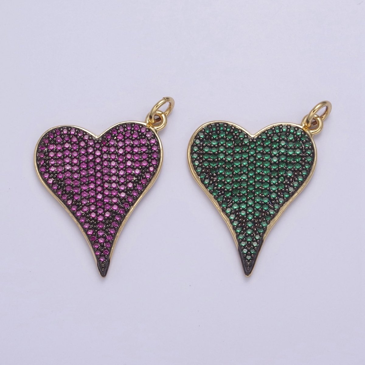 14K Gold Heart Charm Pendant, Green, Pink CZ Micro Pave CZ Heart Charm for bracelet necklace diy jewelry N-796 N-797 - DLUXCA