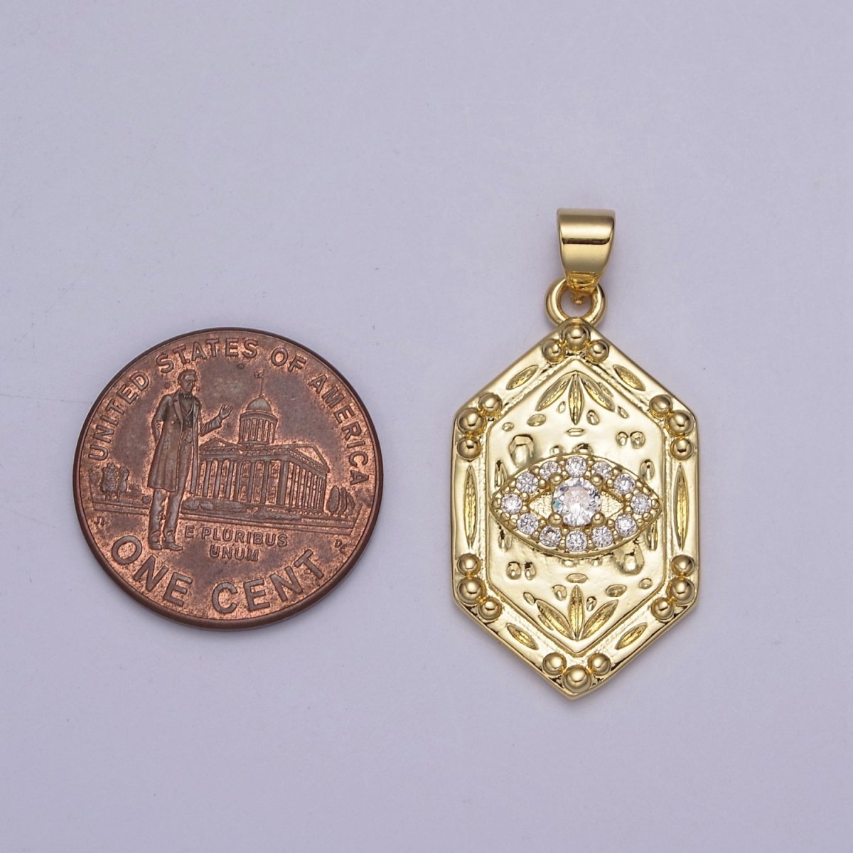 14K Gold Hexagon Micro Pave CZ Evil Eye Pendant, Cubic Zirconia Eye of Ra Charm For DIY Jewelry Making Supply H-790 - DLUXCA