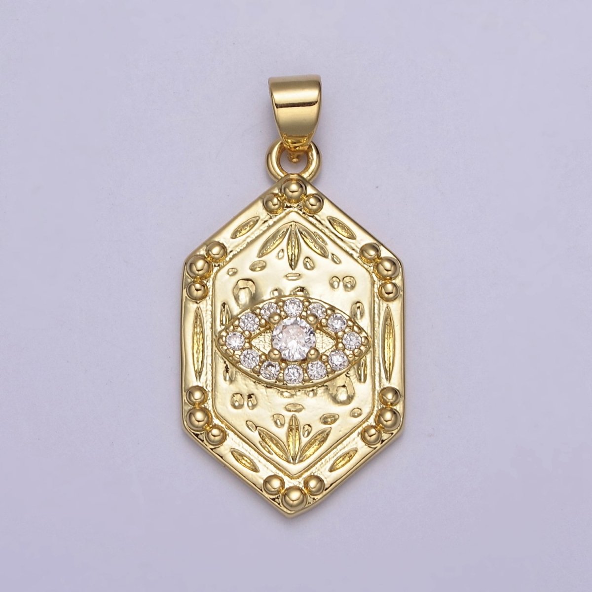 14K Gold Hexagon Micro Pave CZ Evil Eye Pendant, Cubic Zirconia Eye of Ra Charm For DIY Jewelry Making Supply H-790 - DLUXCA