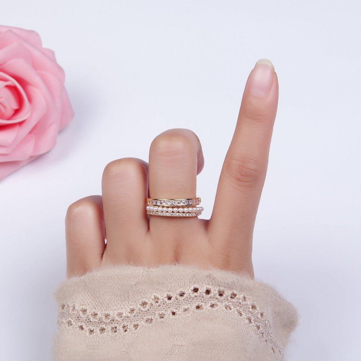 14K Gold Plated Pearl Clear Baguette Micro Paved CZ Double Band Ring | O1188 - DLUXCA