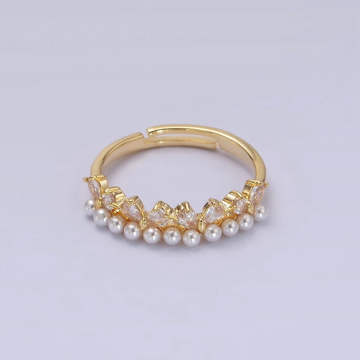 14K Gold Plated Pearl Clear CZ Teardrop Lined Adjustable Ring | O1190 - DLUXCA
