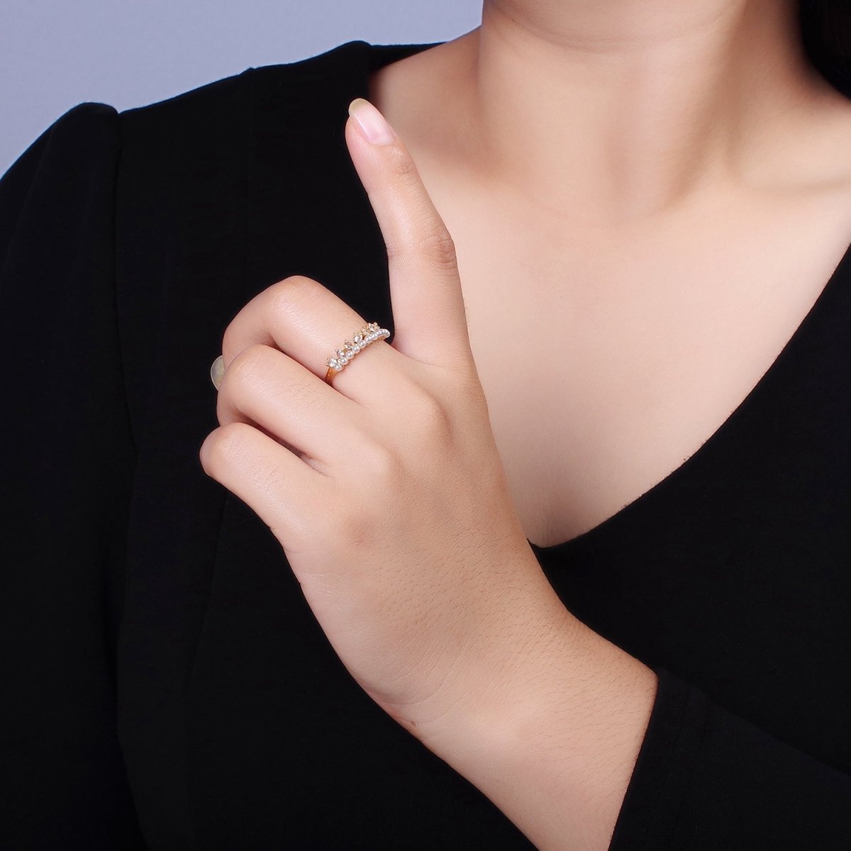 14K Gold Plated Pearl Clear CZ Teardrop Lined Adjustable Ring | O1190 - DLUXCA