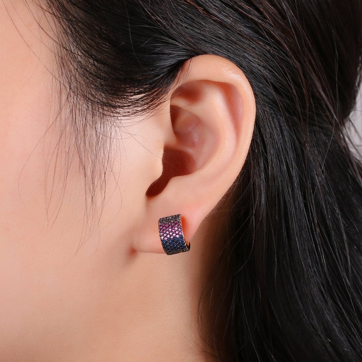 14K Gold Plated Sterling Silver Tiny Black Hoop Earrings, Huggie Hoops, Small Dainty Hoop Earring, Purple Ombre Earring Cartilage Q-162 - DLUXCA