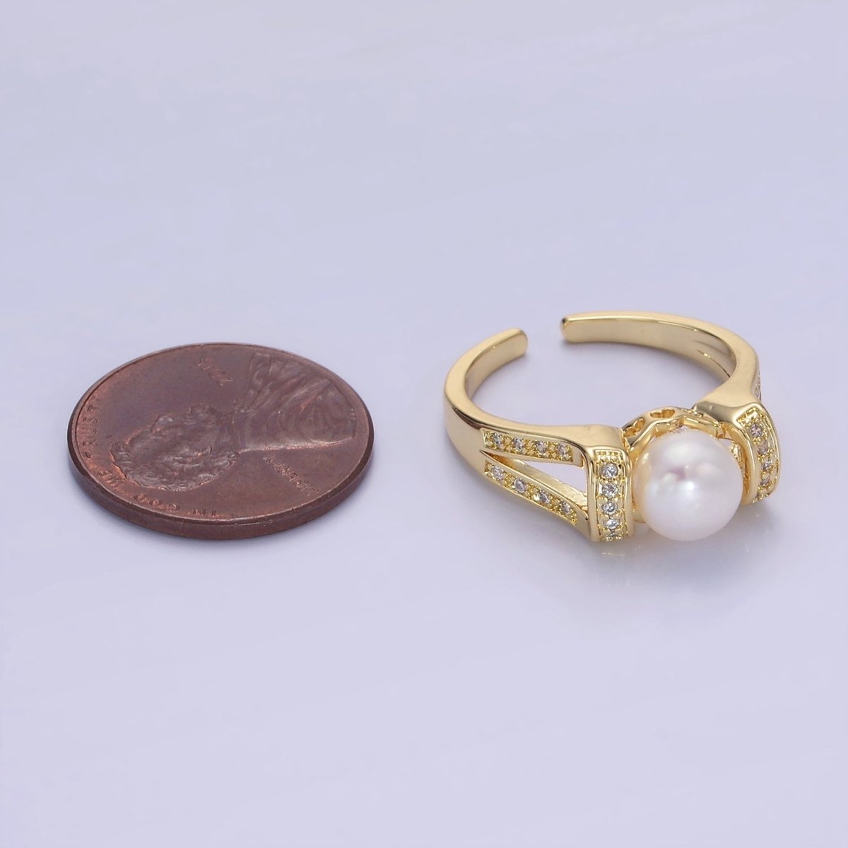 14K Gold Shell Pearl Micro Paved CZ Double Band Ring | O1344 - DLUXCA
