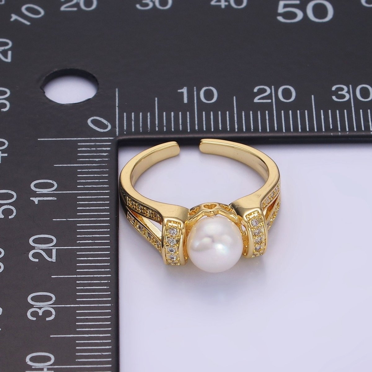 14K Gold Shell Pearl Micro Paved CZ Double Band Ring | O1344 - DLUXCA