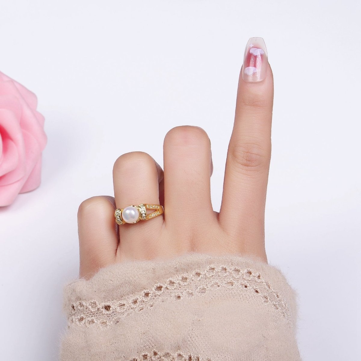 14K Gold Shell Pearl Micro Paved CZ Double Band Ring | O1344 - DLUXCA