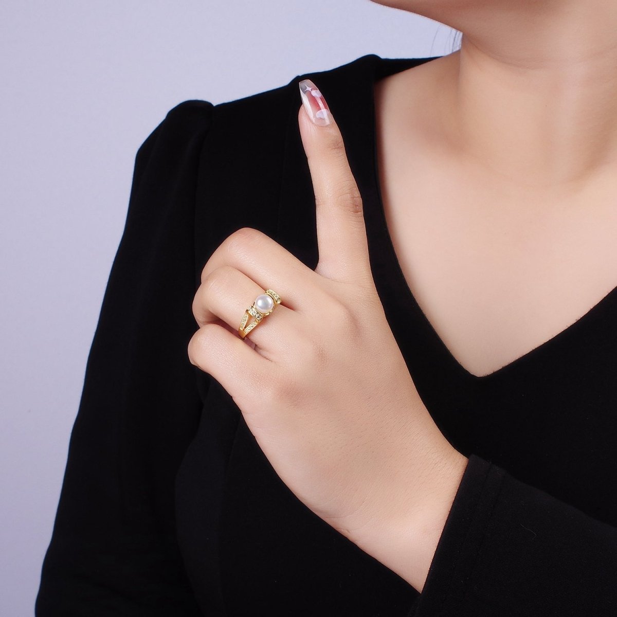 14K Gold Shell Pearl Micro Paved CZ Double Band Ring | O1344 - DLUXCA