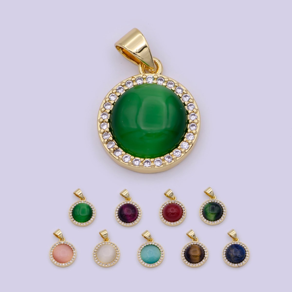 14K Yellow Gold Filled Round Gemstone Medallion Pendant Amethyst, Tiger Eye, Carnelian, Jade ,Emerald, Blue Lapiz for Vintage Classic Minimalist Jewelry H-445 H-446 H-453 H-454 H-458 H-459 H-461 H-464 H-465 - DLUXCA