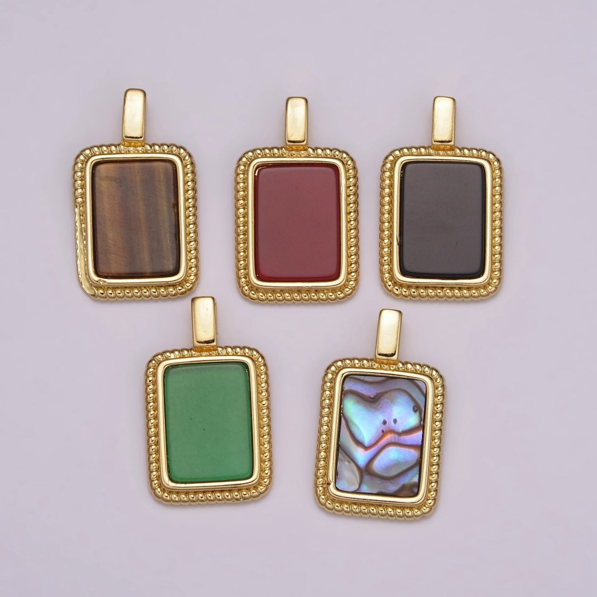 14K Yellow Gold Filled Square Gemstone Medallion Pendant Abalone, Tiger Eye, Carnelian, Black ,Green Agate for Vintage Classic Minimalist Jewelry N-473 - N-477 - DLUXCA