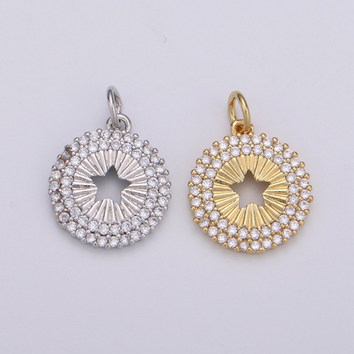 14mm 24K Gold and Silver Round Star Charm - Round Star Charm, Micro Pave Star Charm, Twinkle Star Charm, 24k Gold Filled Charm D-576 D-577 - DLUXCA