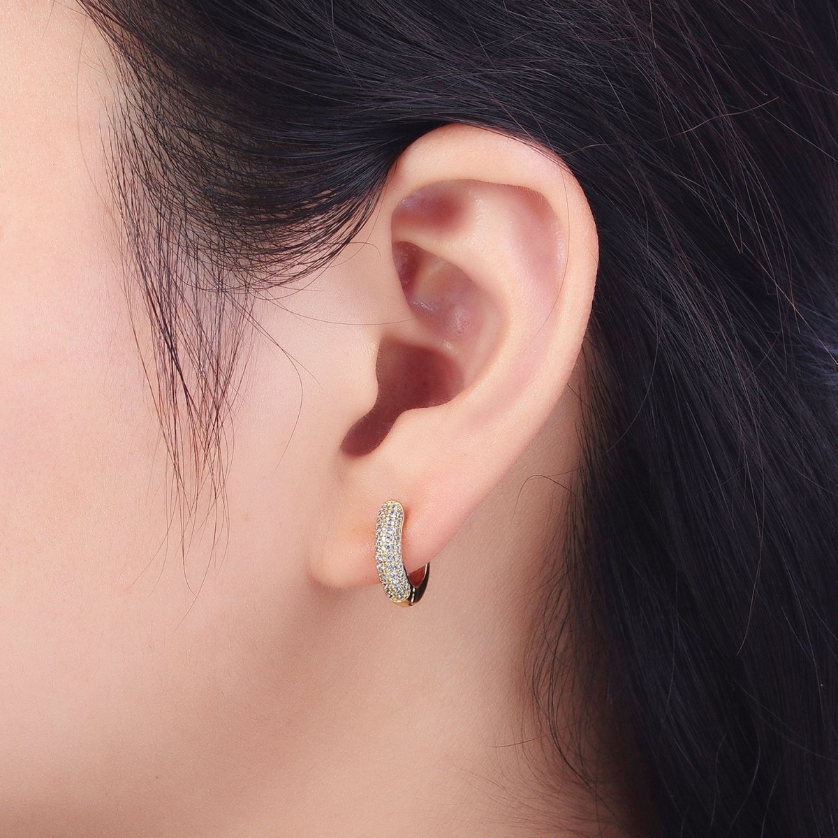 14mm Clear Micro Paved CZ Gold Huggie Hoop Earrings P-395 - DLUXCA