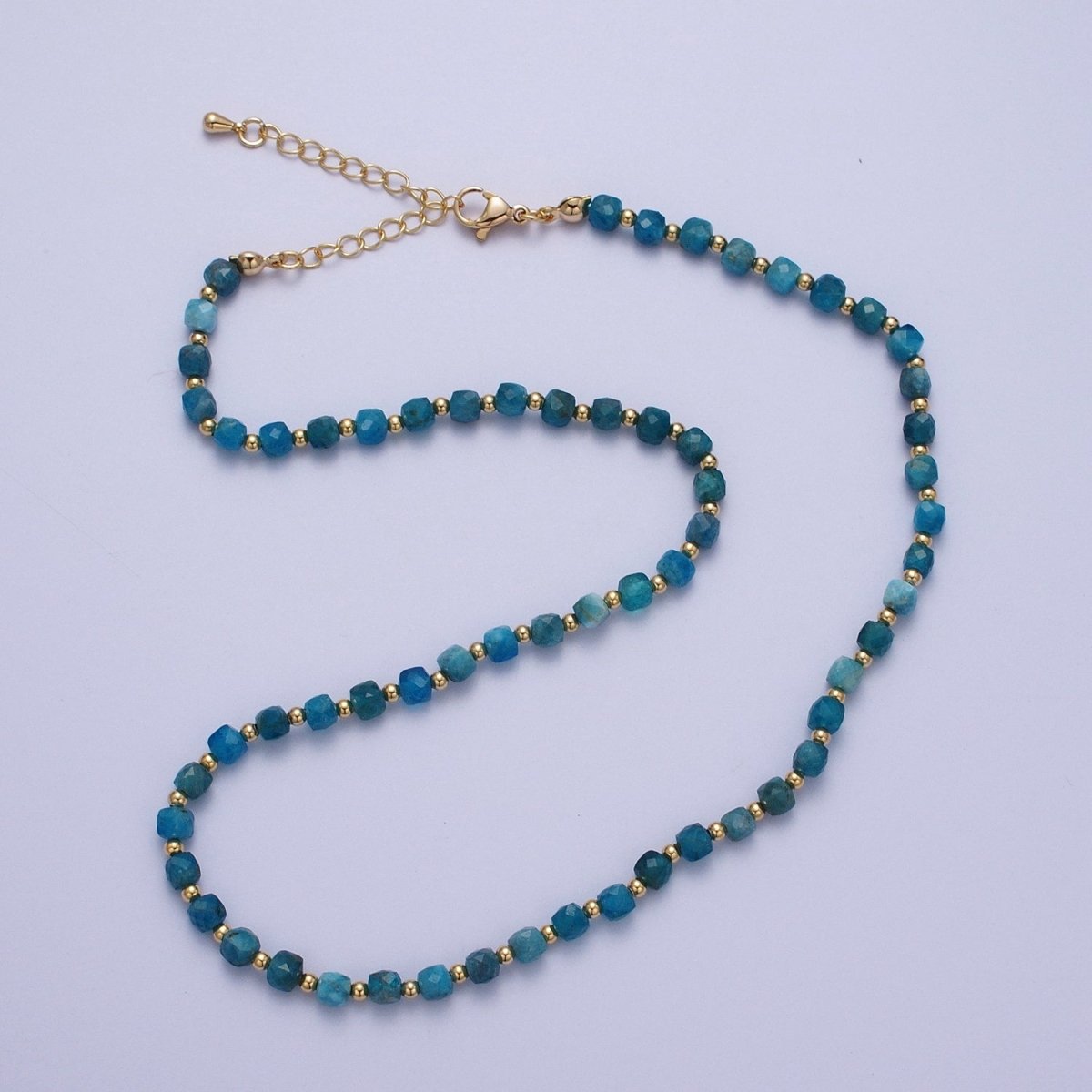 15.5 Inch Natural Blue Apatite Multifaceted Cube Gemstone w. Gold Bead Choker Necklace | WA-1426 Clearance Pricing - DLUXCA