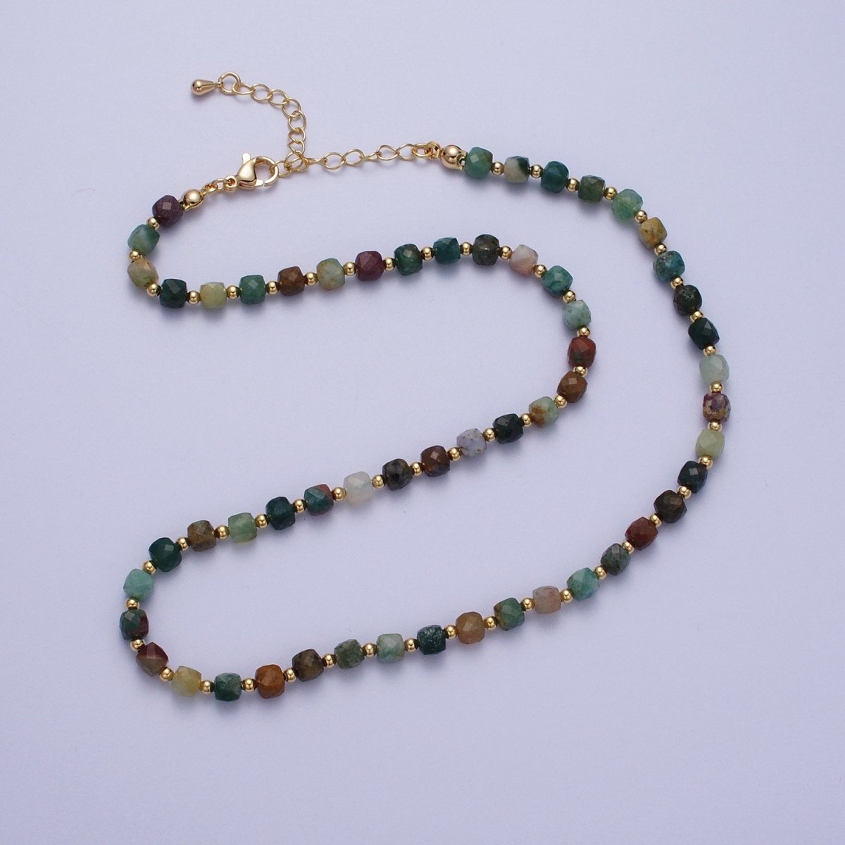 15.5 Inch Natural Moss Agate Multifaceted Cube Gemstone w. Gold Bead Choker Necklace | WA-1423 Clearance Pricing - DLUXCA