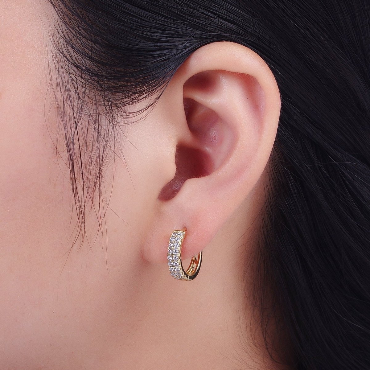 15.5mm Double Micro Paved CZ Huggie Hoop Cartilage Earrings in Gold & Silver | Y-050 Y-052 - DLUXCA