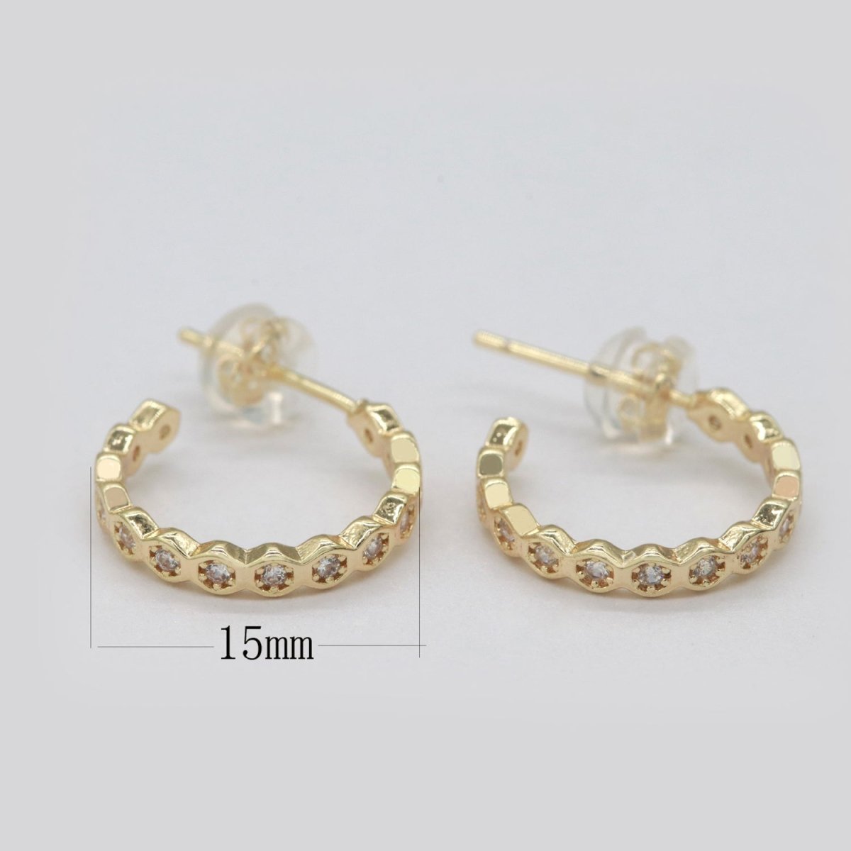 15mm Gold Hoop Earring with Geometric CZ Bezel Set P-181 - DLUXCA