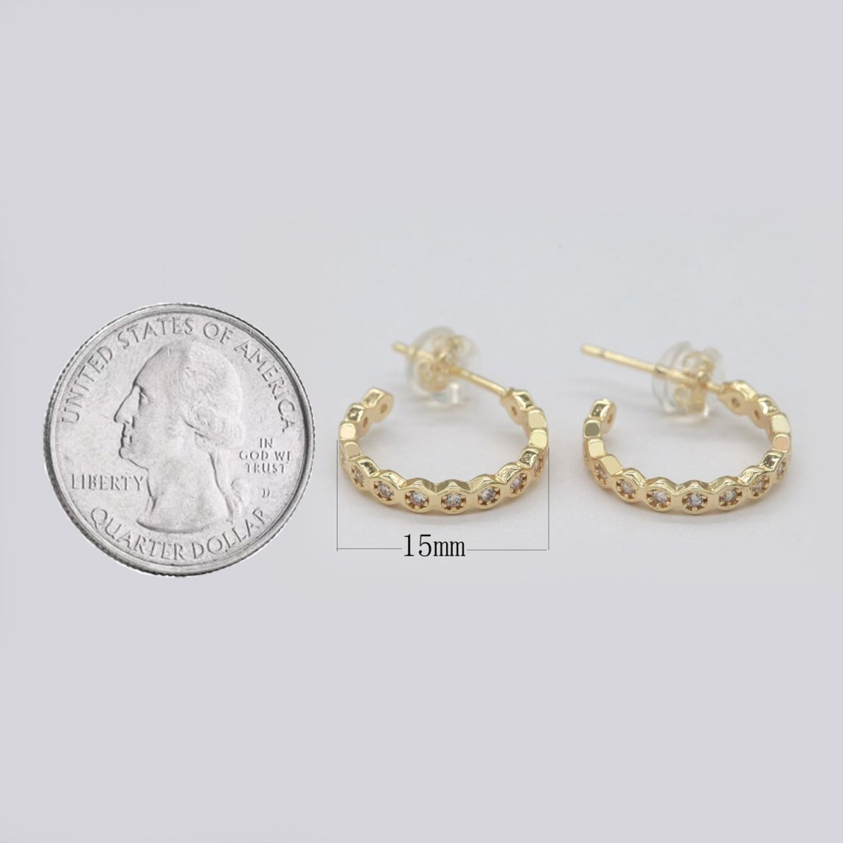 15mm Gold Hoop Earring with Geometric CZ Bezel Set P-181 - DLUXCA