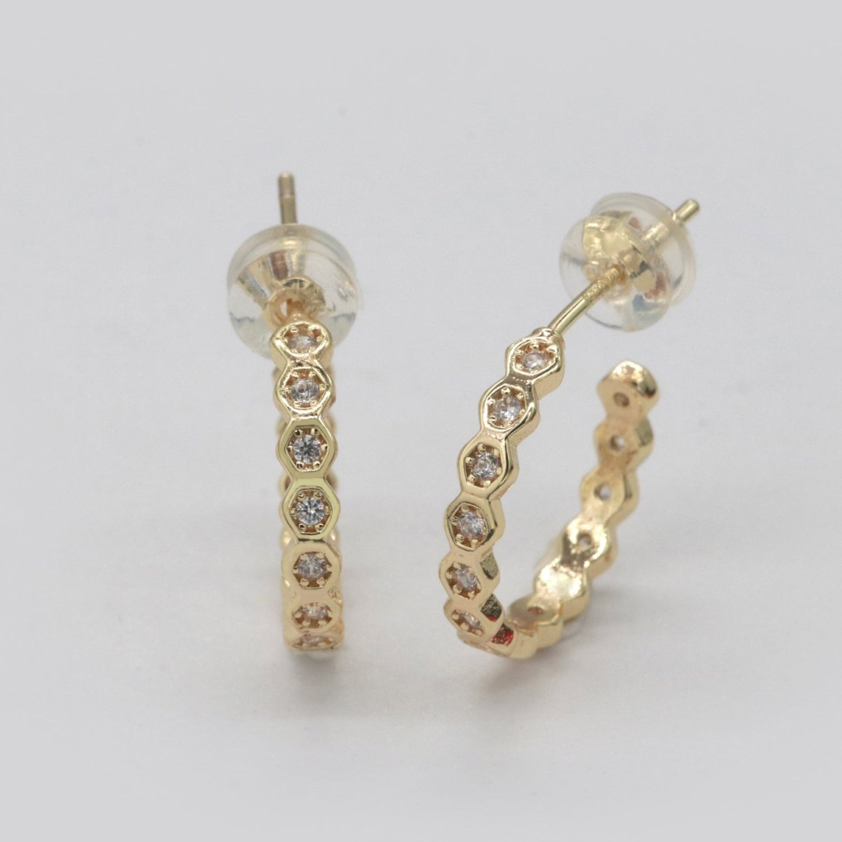 15mm Gold Hoop Earring with Geometric CZ Bezel Set P-181 - DLUXCA