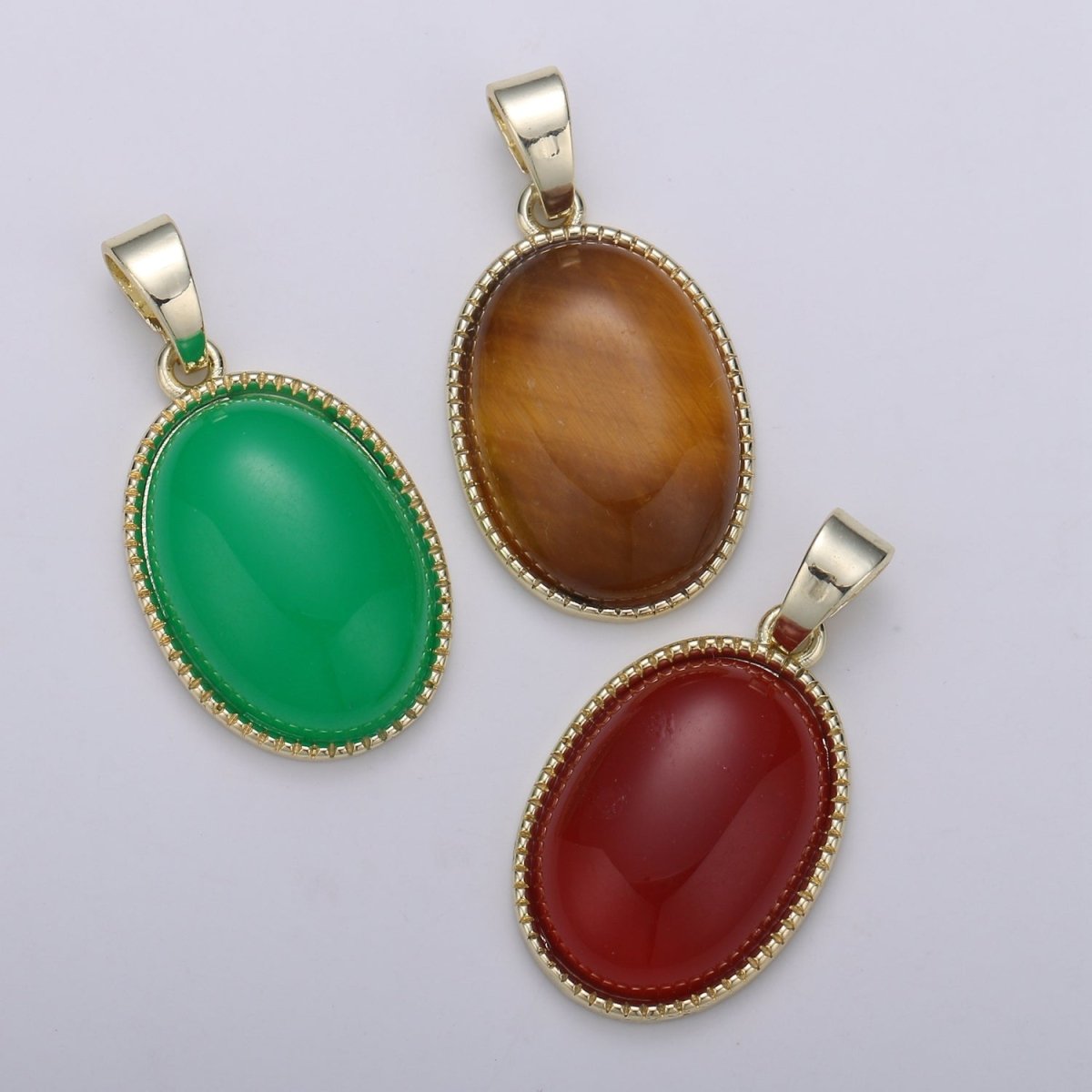 15x29mm 14k Gold Filled Oval Charm, Tiger eye, Marroon, Green Jade Oval Pendant, Natural Stone Charms, Vintage Jewelry Supply - DLUXCA